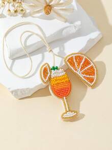 Handmade Seed Bead Ocean Vacation Style Matching Pendant Set, Bottle, Lemon Cup, Champagne Glass, Coconut Tree Shaped Fun Personalized Women's Bag Charm, Versatile Bag Accessory - Coral Orange - View 3