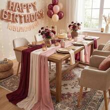 3PCS Red Chiffon Fabric Tablecloth Bohemian Transparent Satin Tablecloth Suitable For Autumn Thanksgiving Family Party Wedding Arch Background Baby/Bride Gift Birthday Party Restaurant Table Outdoor Party Festival Decoration - Burgundy - View 6