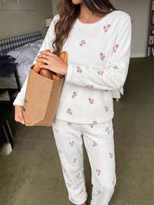 Ditsy Floral Coral Fleece Pajama Set, Women's Autumn/Winter Thickened Warm Plush Loungewear - White - View 2
