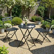 3pcs Folding Bistro Furniture Set For Outdoor Use, Including Table And Chairs For Garden And Balcony - Black - View 3