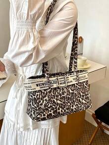 Summer Women's Leopard Print Letter Tote Bag 2026 New Niche Design Denim Commuter Crossbody Bag - Brown - View 1