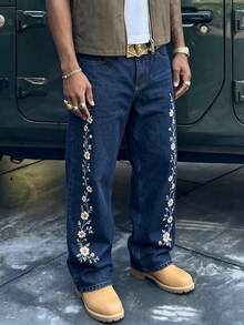 Men's Street Casual Dark Loose Fit Denim Jeans - Dark Wash - View 4