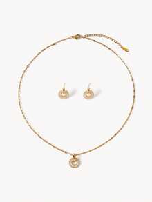 Opalesca 1Set Stainless Steel Chain Necklace & Earrings, Luxury Rhinestone Linked Design Personalized Banquet Jewelry Set, No Gift Box - Gold - View 11