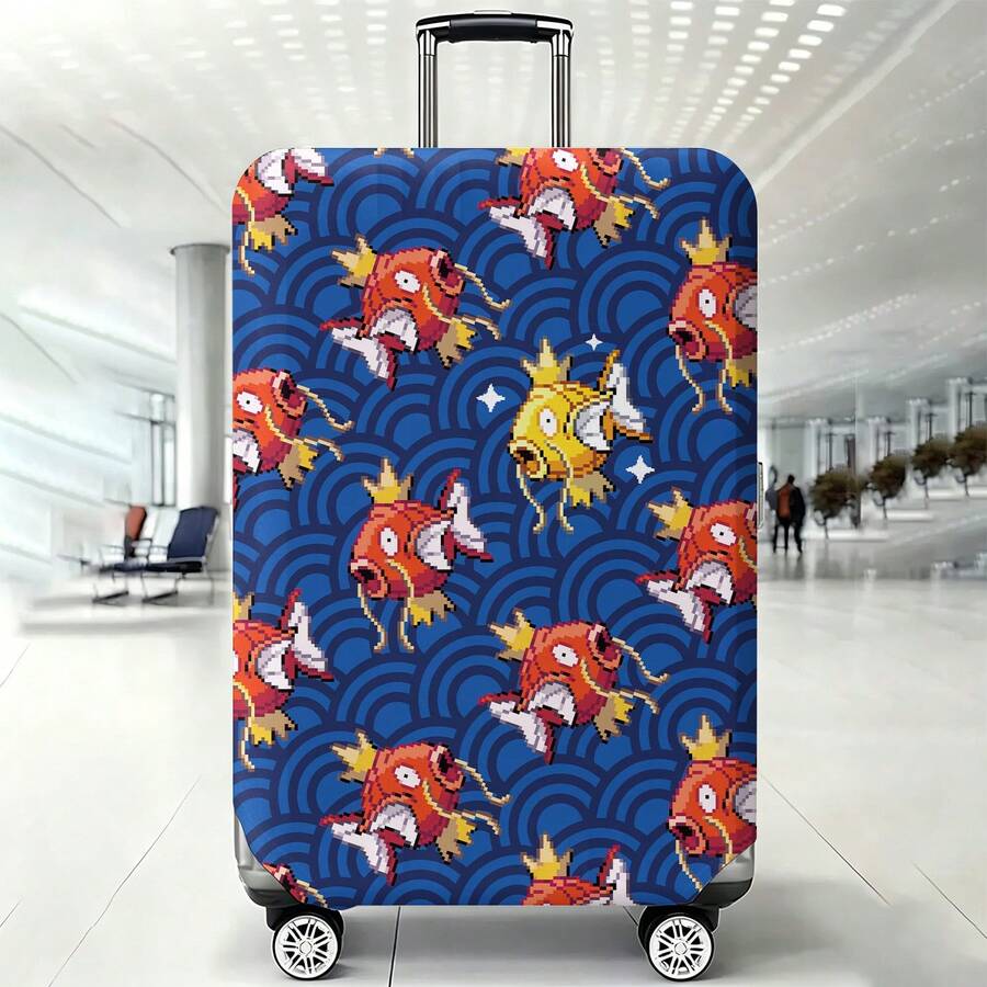 Miniso Pokemon Magikarp Pixel Wave All Over Print Luggage Cover, Elastic Washable Suitcase Protector, Japanese Retro Pixel Style Anti-Scratch Dustproof Travel Skin - Color - View 1