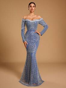 GIFORU Haze Blue Off-Shoulder Pearl Beaded Long Sleeve Mermaid Evening Gown, Butterfly Wing Radial Sequin Rhinestone Embroidery Fitted Slimming Fall Wedding - Dusty Blue - View 3