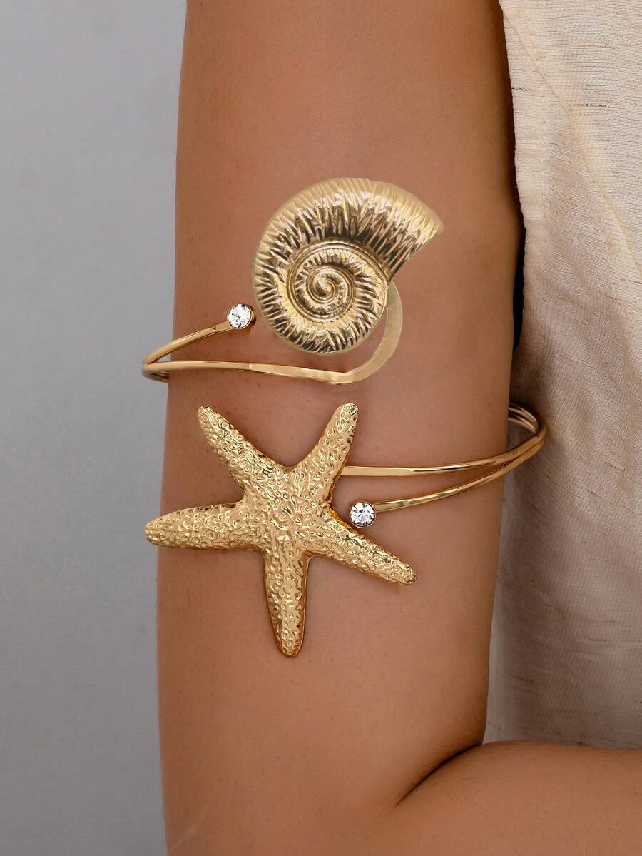 1pc Gold Seashell & Starfish Decor Arm Cuff, Summer Beach Vacation Style Arm Jewelry - Gold - View 1