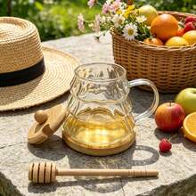 Ripple Handle Glass Honey Pot With Wooden Dipper & Bamboo Lid Base Clear Honey Dispenser Jar For Breakfast Brunch Picnic Garden Kitchen Storage Decor Housewarming Gift - Multicolor - View 7