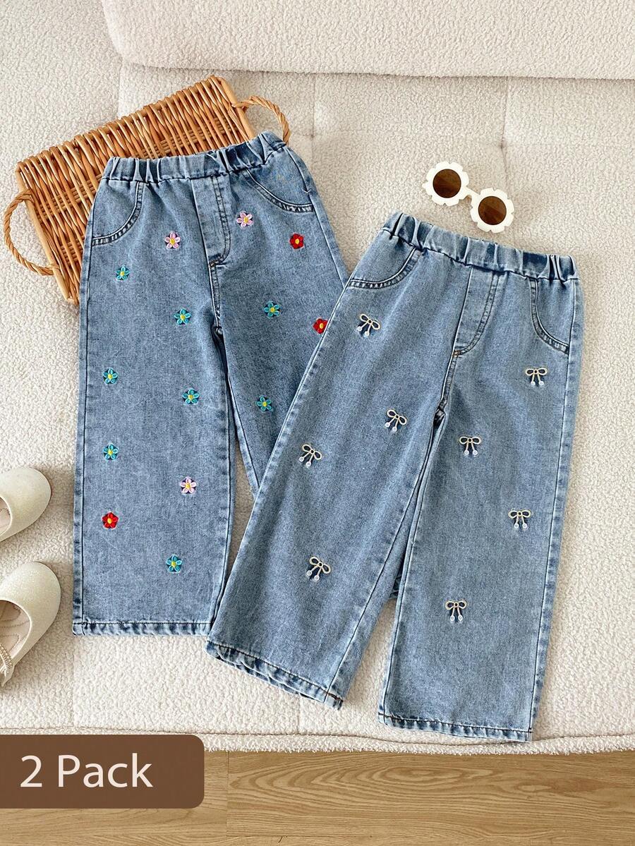 2pcs/Set Spring/Autumn Girls Bow Embroidery Elastic Waist Denim Jeans, Casual Vacation Long Pants For Young Girl - Multicolor - View 1