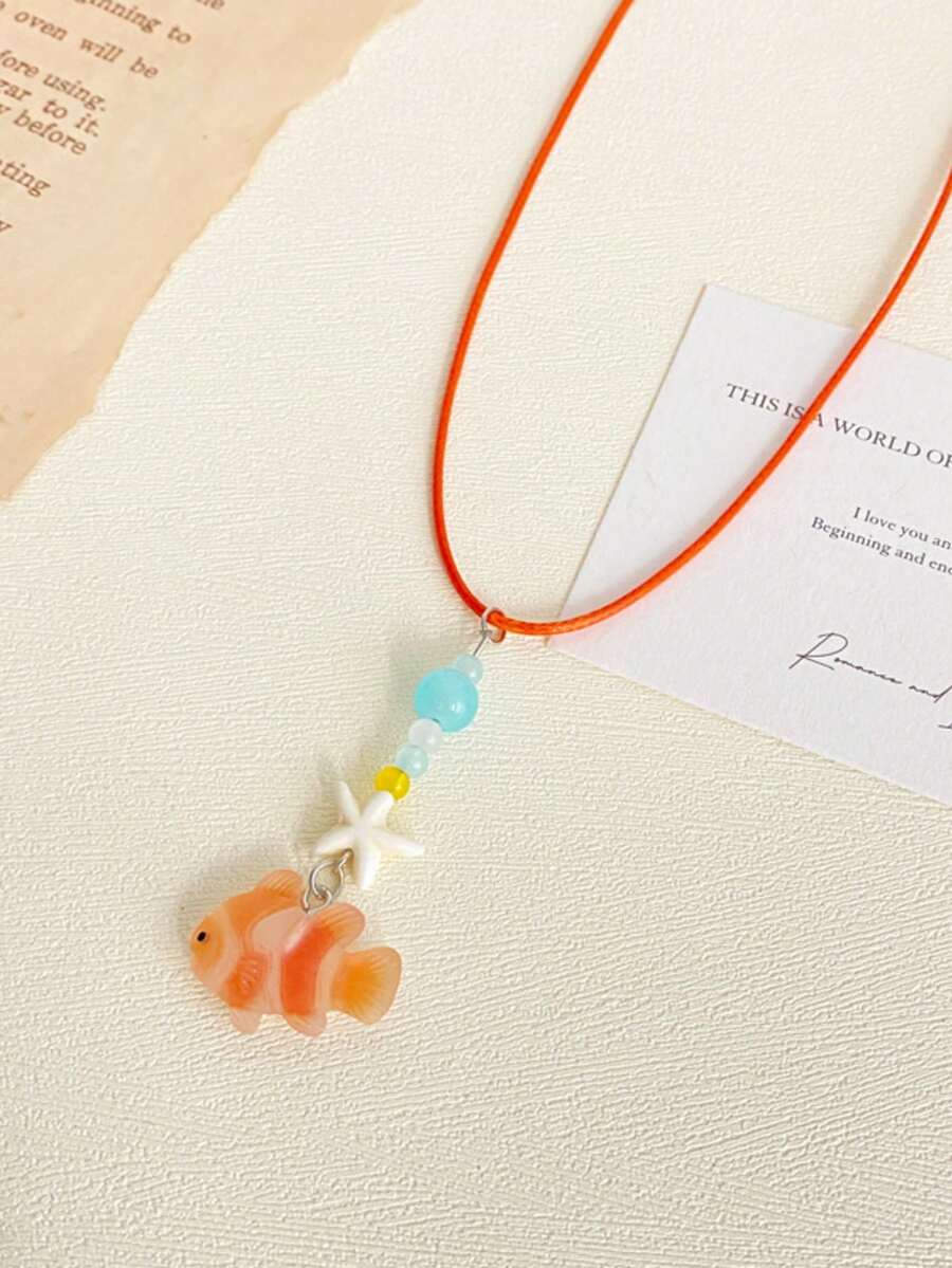 1pc Cute Personalized Orange Clownfish Necklace, Ocean Creature Beaded Choker, Gift - Orange - View 1