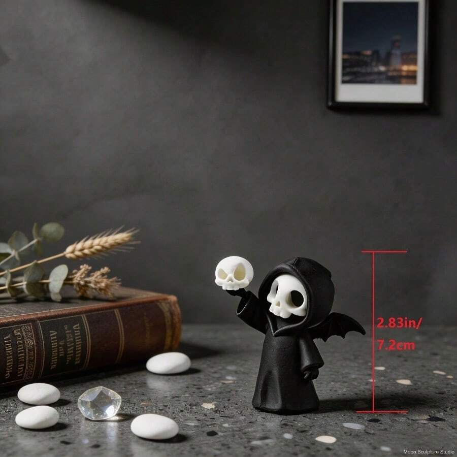 Collectible Ornament 2.83 Inch Creative Grim Reaper Skull Sculpture, Dark Fantasy Desktop Decor, PLA Craft Gothic Style Statue, Suitable For Home And Halloween Display, Thoughtful Gift For Gothic Collectors - A - View 1