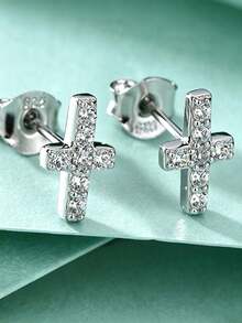 3Pcs S925 Silver Cross Moissanite Jewelry Set For Women, Pendant Necklace Earrings And Ring, Minimalist Layering Jewelry For Daily Wear & Gift For Her - Silver - View 8