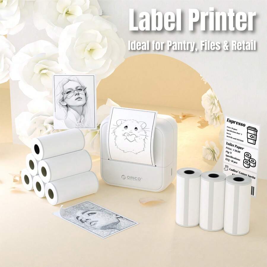 ORICO Desktop Label Printer, Mini Photo Printer, Portable Thermal Label Machine, Includes: 1-6 Rolls White Continuous Stickers/3 Rolls Color Continuous Stickers/3 Rolls White Label Stickers, Bluetooth Connection To Phone, Uses Thermal Paper Inkless Printing, Simple And Fast Operation, Suitable For School, Home, Office, Storage, Party Gifts.