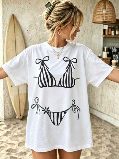 Oversized Striped Bikini Print T-Shirt, White Retro Beach Print T-Shirt, Casual Summer Top For Women