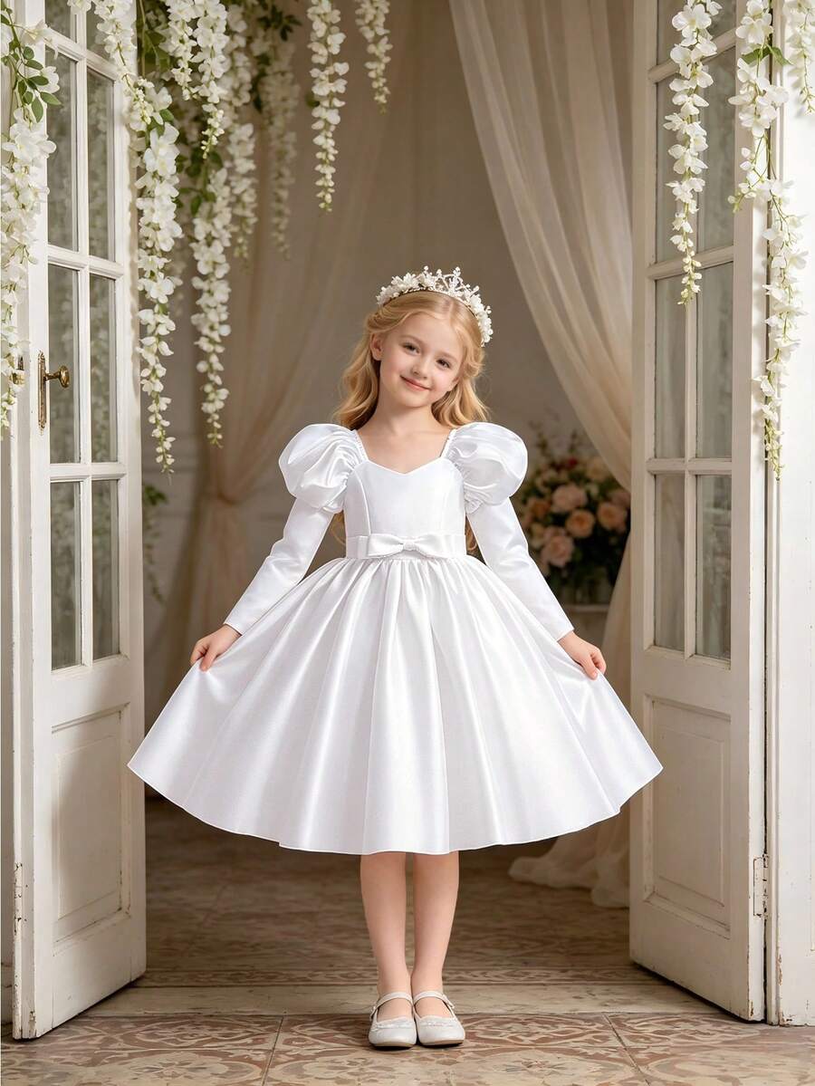 Long Sleeve Satin Flower Girl Dress, Suitable For Party And Wedding, Without Headband - White - View 1