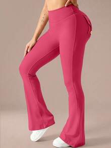 6pecil Rosarote Yoga-Hose mit hoher Taille und ausgestelltem Bein, mit Taschen, gerafftem Po-Lift-Effekt, Peach-Butt-Flare, V-förmiger Bauchkontrolle, Hot Pink Bootcut Leggings für Sport - Rosenrot - Übersicht 6