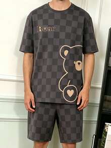 Men's Summer Checkerboard Heart Bear Print Short Sleeve Shorts Comfortable Loungewear - Multicolor - View 2
