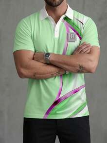 男士條紋休閒/商務休閒短袖 Polo 衫，春季/夏季 - 綠色 - 查看 4