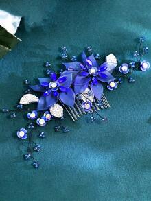 1 pieza Peine para el cabello con flor azul, accesorio elegante para la mujer, adecuado para bodas y fiestas - Azul - Ver 5