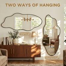 Modern Asymmetrical Wall-Mounted Makeup Mirror, Black Wooden Frame, Suitable For Bedroom, Living Room Or Entryway - Black 1pc - View 7