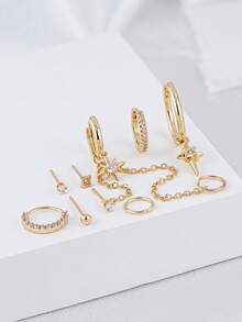 8-teiliges Set aus Ketten-Ohrringen mit Sternanhänger und eingelegtem kubischem Zirkonia, exquisit und modisch, geeignet für den täglichen Gebrauch, Dates, Partys und Treffen, zum Layering für Damen - Goldgelb - Übersicht 6
