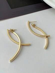 1 Pair Unique Design Geometric Minimalist Fashion High-End Cross Tassel Curved Wave Earrings - Gold - View 2