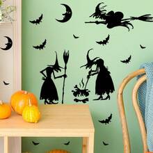 1 Set, 1pc Halloween Creative Cartoon Witch Cooking Pot Broom Decoration Sticker, Suitable For Home Decoration, Outdoor Decoration, Glass Decoration, Etc., Self-Adhesive Detachable Waterproof Sticker, Halloween - Sticker - View 4