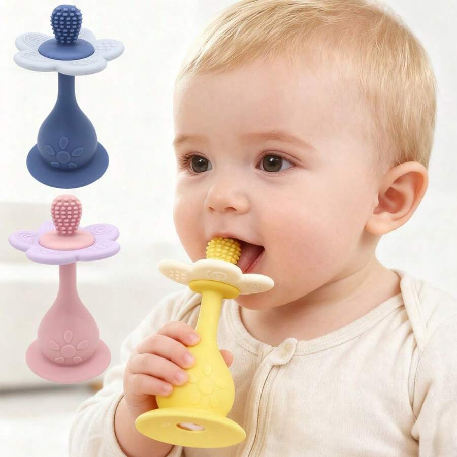 Silicone Multi-Function Rattle Toy, Bright Colors With Rattle, Develop Baby's Visual And Auditory Abilities, Multiple Chewing Points Teething Toy, Bottom With Suction Cup, Can Be Used On High Chair As Baby Feeding Focus Toy