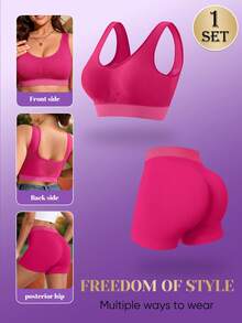 MEIYATING 1 Set Seamless Full Coverage Wire-Free Plus Size Bra, Comfortable Mid-Waist Seamless Hipster Panties, Safety Shorts, Yoga Shorts - Red - View 4