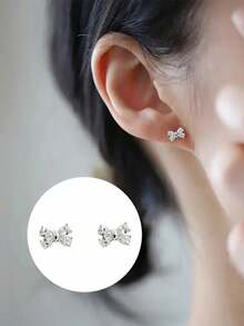 1 Pair Children's Elegant Cubic Zirconia Bow Stud Earrings, Suitable For Girls' Daily Wear, Party Jewelry Or Birthday Gift - 10# - View 5