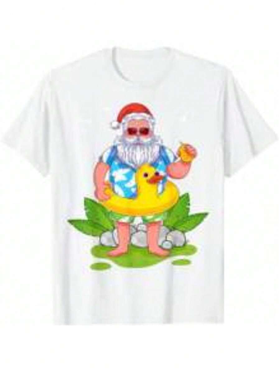 Tropical Summer Funny Hawaiian Santa Claus Christmas In July T-Shirt Tops Tee - 白色 - 查看 1