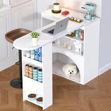 Modern Extendable Bar And Dining Table, Rotating High Small Bar Table – With Pet Area, Without Pet Food Bowl And Pet Cushion, White, Marble-Effect Tabletop, 120(+80)*40*100 Cm - White - View 4