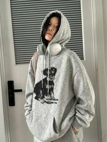 Women's Hooded Sweatshirt, New Autumn/Winter Puppy Pattern & Letter Print, Drawstring Design, With Pockets, Casual Versatile Loose Top, Fashionable Daily Wear - Dark Gray - View 2