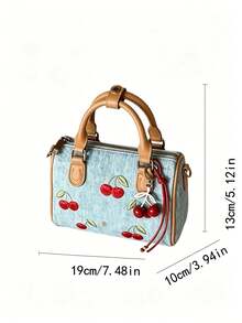Cherry Embroidered Fabric Tote Bag With Soft Fabric Material And Durable PU Trim, 3D Cherry Embroidery With Matching Pendant For Sweet Atmosphere, Metal Hooks On Both Sides For Detachable Long Shoulder Strap, Suitable For Young Women, Teachers, Casual Shopping And Short Trips - Brown - View 3