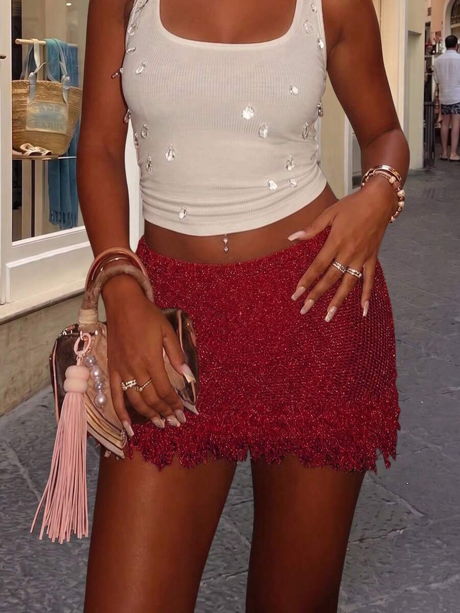 Women's Fashion Commuter Knitted Tassel Skirt Fall - Burgundy - View 1