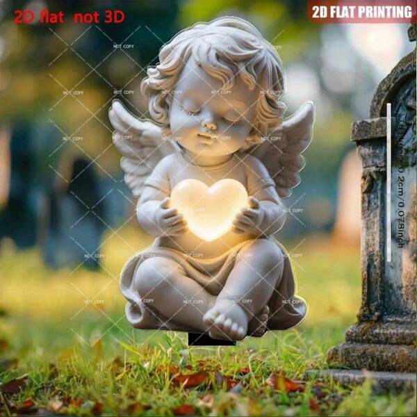 2D Flat, New Hot Seller! Bohemian Praying Angel & Heart Garden Decor - Modern Cemetery Art Memorial, Suitable For Memorial Gifts And Mourning & Cemetery Decoration. Outdoor Display Design, Suitable For Easter/Memorial Day/Independence Day, Durable Plastic Stake, Easy To Install, Style Holiday Statue Tombstone Decoration, Cemetery Floral Windproof Sculpture, 2D Flat, 2D Flat, 1pc