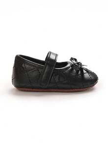 Black Quilted Bow Mary Jane Infant Shoes, Hook And Loop Soft Sole Anti-Slip Pre-Walker Shoes For Newborn Girls, Princess Style Leather Shoes - Black - View 6