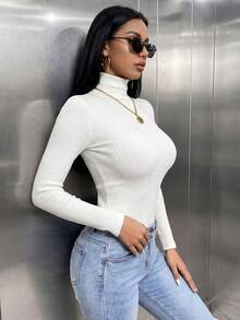 女款休閒羅紋條紋高領長袖修身T恤，適合日常穿著，秋冬上衣套裝，可愛外出風，白色 - 白色 - 查看 5