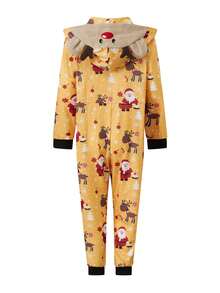 Family Matching Christmas Jumpsuits Pajamas Letter/Santa/Tree/Print Hooded Long Sleeve Playsuits Autumn Zipper Long Rompers - Yellow Kid - View 6
