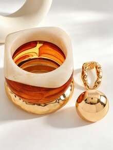 1 Set Vintage Elegant Bohemian Resin & Stainless Steel Women's Jewelry Set, Wide Exaggerated Geometric Bracelet And Ring, Suitable For Autumn/Winter Daily, Party, Date, Holiday, Music Festival, Vacation Wear, Memorial Gift For Friends, Family, Couples, Women, Jewelry Accessories - Multicolor - View 4