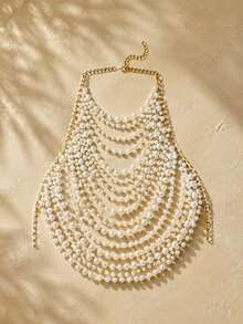 Hot-Selling Body Chain Necklace, Fashion Multi-Layer Pearl Exaggerated Jewelry, Metal Chain Splicing - Multicolor - View 5