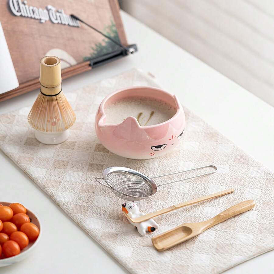 Gift Box Ceramic & Bamboo Matcha Tool Set, Cartoon Cat Face Matcha Bowl & Whisk Stand Combo, Japanese Healing Cute Style, Portable Afternoon Tea Tea Ceremony Utensils Gift - Multicolor - View 1