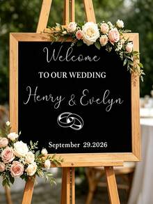 可客製化婚禮歡迎貼紙「Welcome To Our Wedding」情侶戒指圖案直式鏡面乙烯基裝飾貼紙，可客製化情侶姓名與婚禮日期自黏文字貼紙 - 彩色 - 查看 1