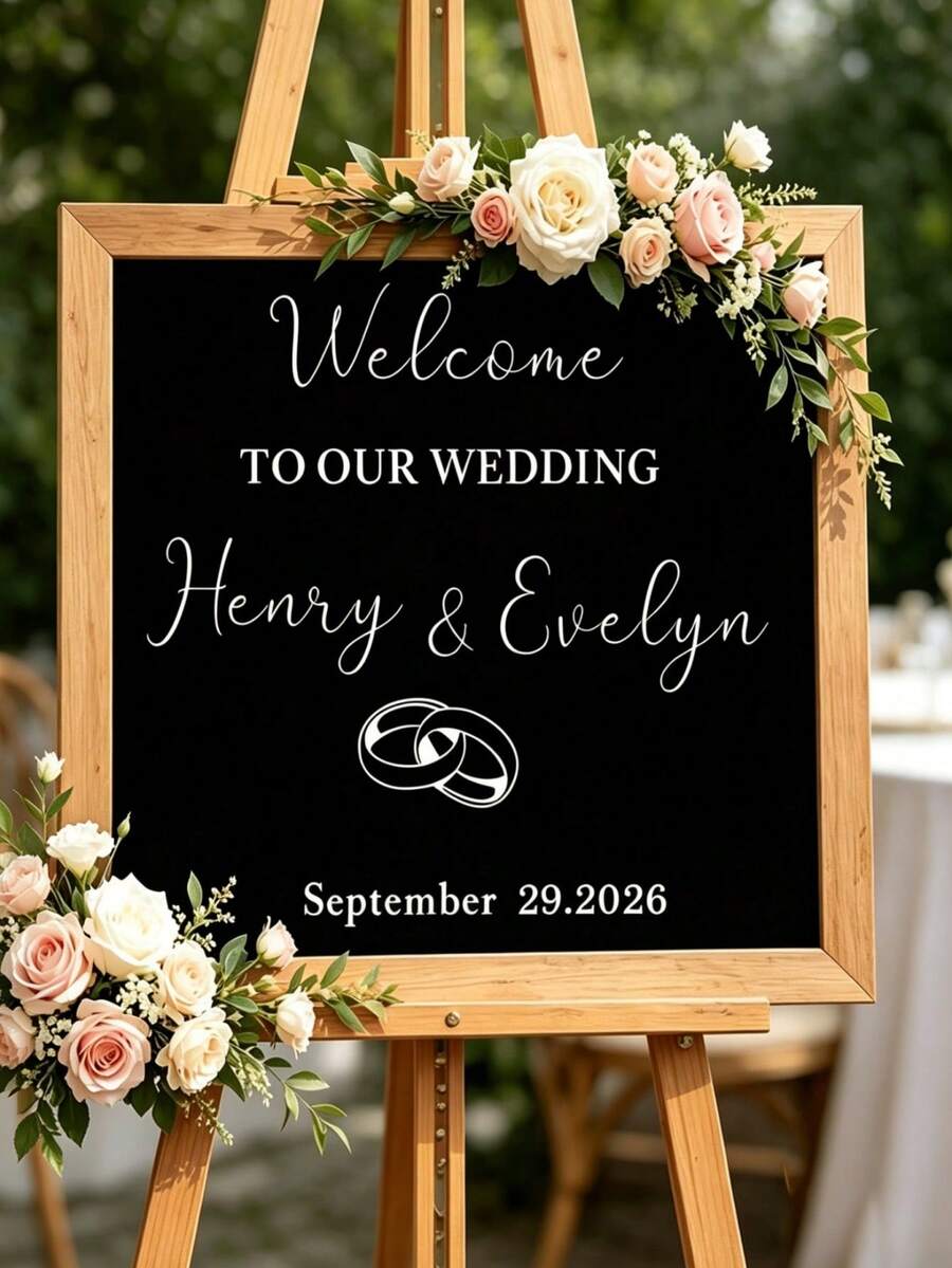 可客製化婚禮歡迎貼紙「Welcome To Our Wedding」情侶戒指圖案直式鏡面乙烯基裝飾貼紙，可客製化情侶姓名與婚禮日期自黏文字貼紙 - 彩色 - 查看 1