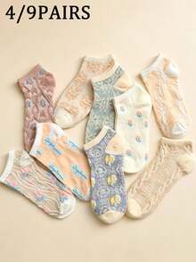 4/9 Pairs Cute Fruit Print Women's Socks, Fresh Macaron Color Cartoon Short Socks, Spring/Summer Daily Versatile Style, White Socks, Summer, Gift For Women - Multicolor - View 2