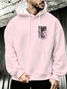 Plus Size Men's Light Pink Japanese Retro Wafuku Print Loose Fit Hoodie - Pink - View 2