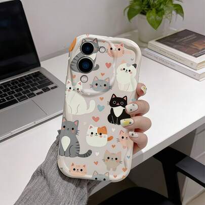 Funda de teléfono con protección de pantalla y borde ondulado con diseño creativo de corazón y patrón diverso de gatos, compatible con Samsung A14/A15/A16/A17/A04/A05/A06/A07/A54/A55/A56/A57/A34/A35/A36/A37/S26/S26Plus/S26Ultra/Transsion SMART7/8/9/10/Honor 400/400Pro/200/200Pro/X7C/X8C/X9C/10C/13C