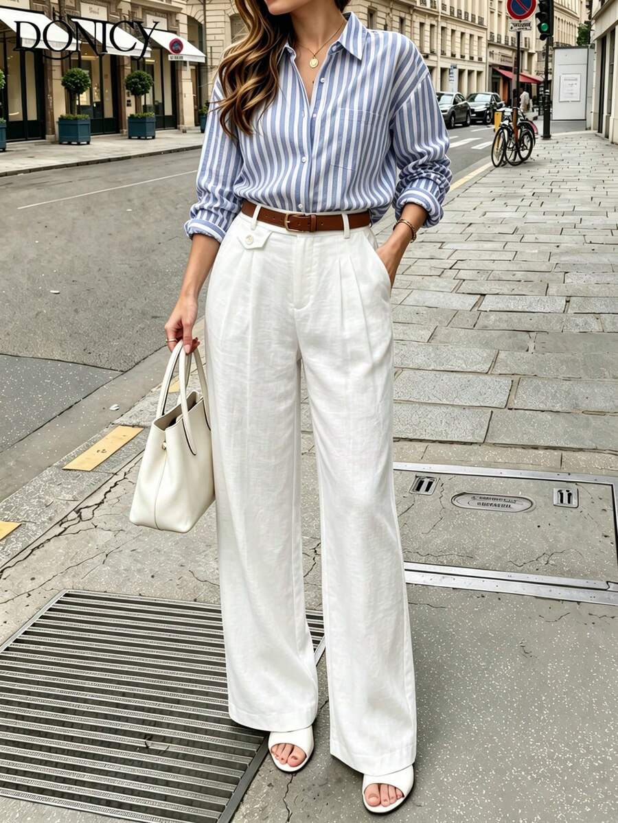 DONICY Women's White Textured Wide Leg Pants, Wrinkled Fabric With Waist Buckle And Front Pleat Design, Suitable For Spring Work And Casual Wear - White - View 1