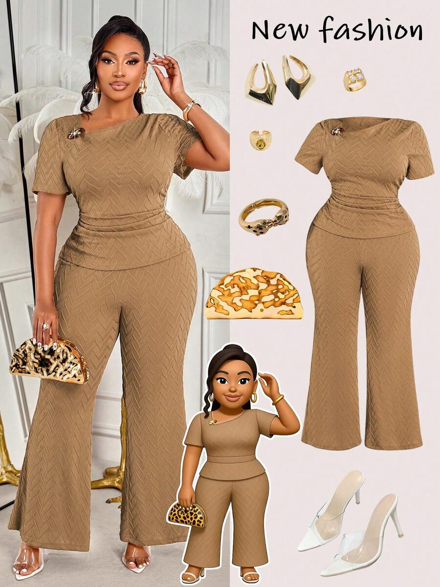 BIUBIU Stylish Plus Size 2 Pieces Outfits For Women Round Neck Short Sleeve Top With Ruched Waist And Wide Leg Pants, Medium Stretch For Comfort Elegant - Brownish Color - View 1