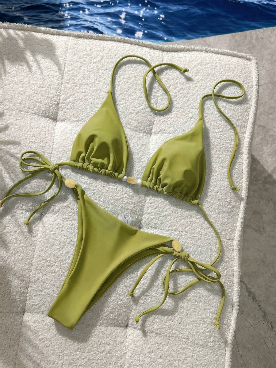 女款性感掛脖綁背比基尼套裝,綁繩側邊丁字褲泳褲,高彈性泳裝,度假海灘適用 - 綠色 - 查看 1