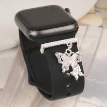 1pc Sparkly Rhinestone Double Butterfly Watch Band Charm Decor Ring Compatible With Apple Watch Silicone Strap Accessories For Women Girls - Silver - View 3